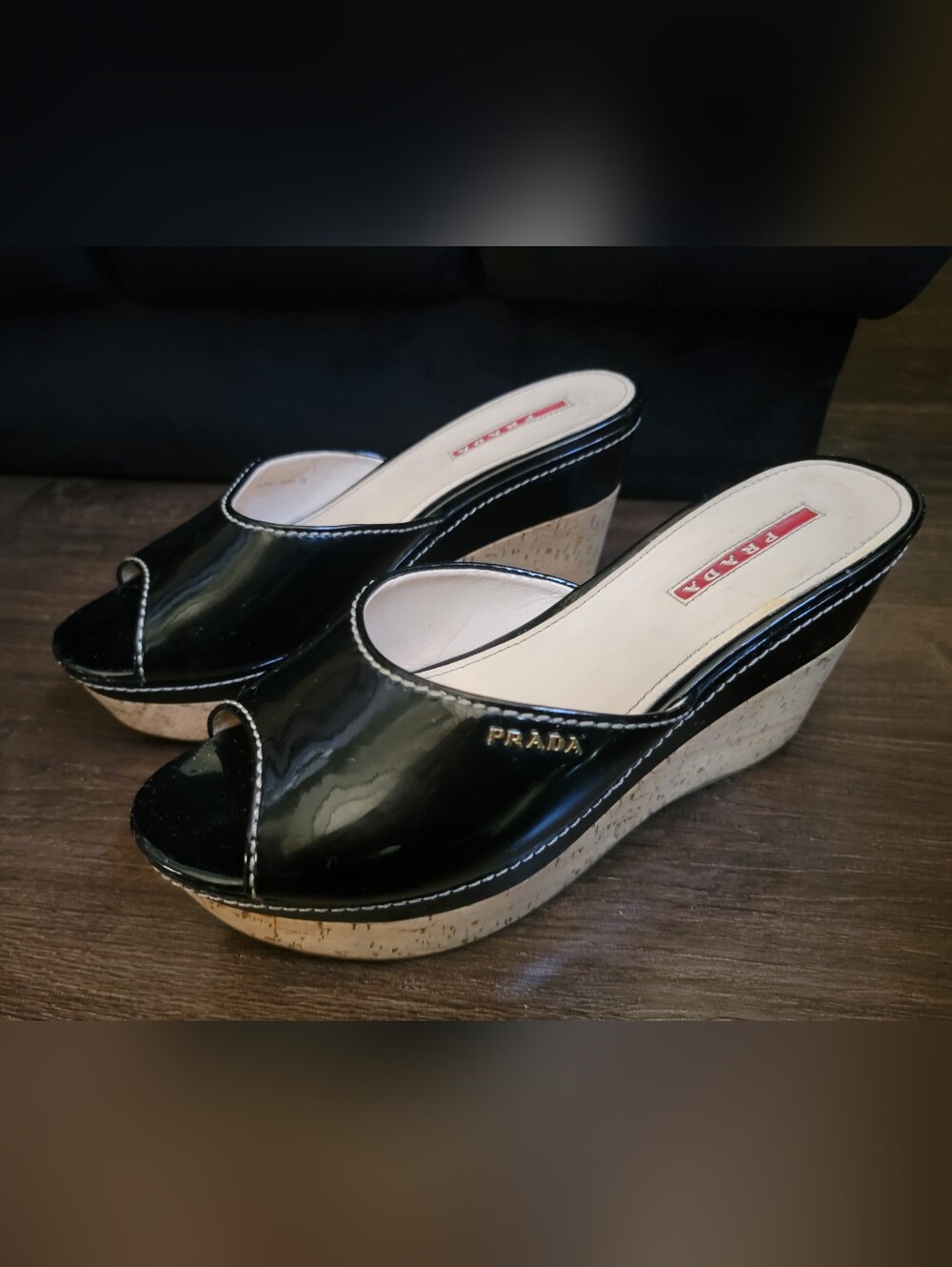 Prada Black Patent Wedge Sandals with Cork Platform
